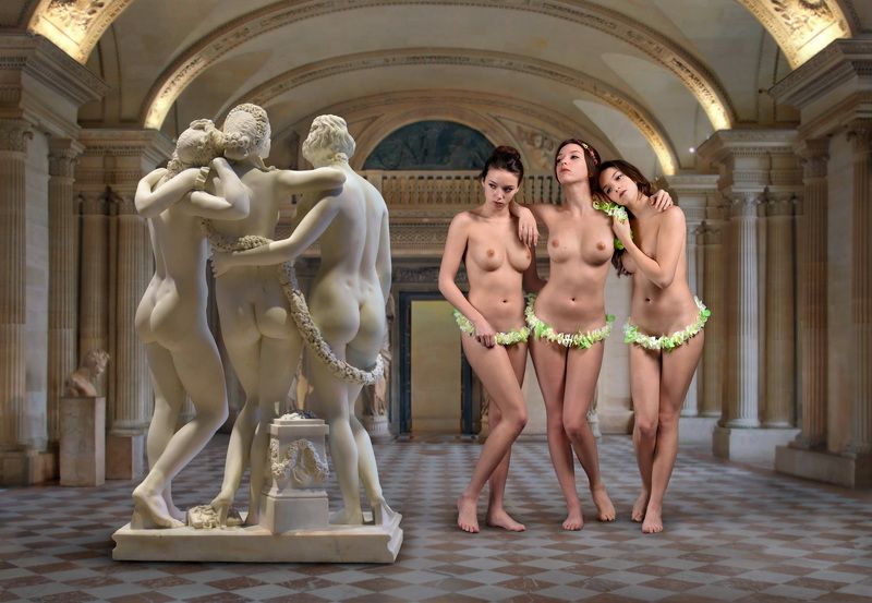 concept, collage, sculpture, museum, louvre, paris, model, vera lavender, posing, nude, portrait, dialog, stone, body, marble Мрамор XVIIIphoto preview