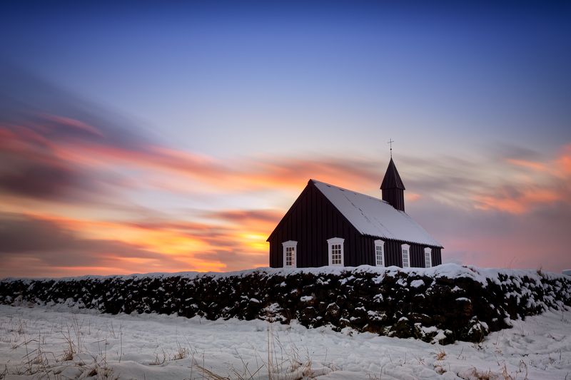 исландия, iceland, sunset, церковь, church, budir Огонь, холод и вераphoto preview