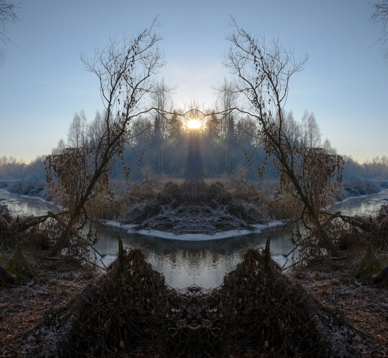 утро,осень,октябрь,мороз,иней,солнце,лучи,солнечно,осенняя сказка,река,симметрия Прикосновение утраphoto preview
