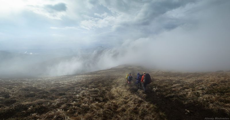 весна, гори, Карпати, чорногора, Карпаты, горы, шторм, люди, тропа, облака, панорама Дорога в облакаphoto preview
