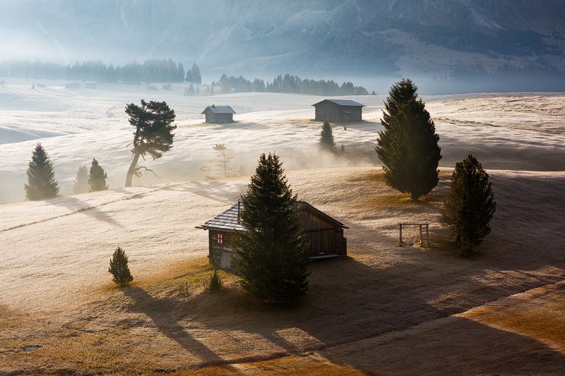 light, fog, mist, italy, mountains, trees, dolomites, mood, alps, autumn, fall, hut, chalet, landscape, nature Light & Fogphoto preview