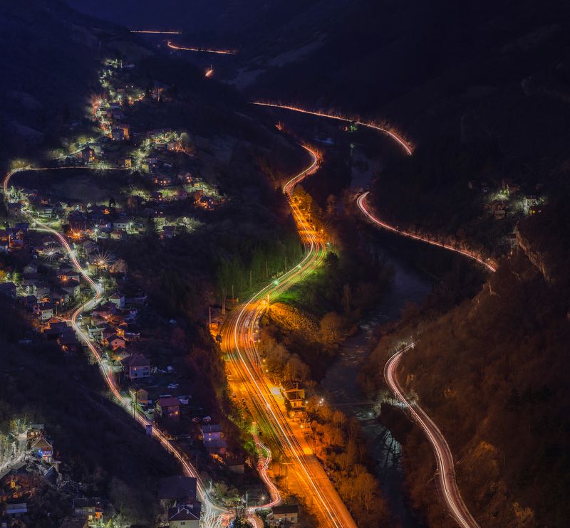 night, trails, cars, train, landscape, mountain, river, water, city Nightphoto preview
