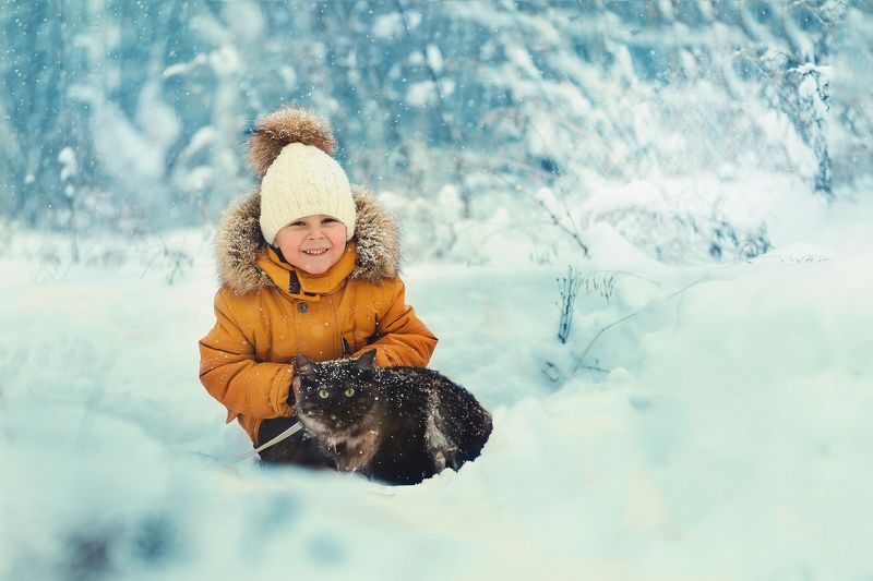 снег,кот, дети, мальчик, зима первый снегphoto preview