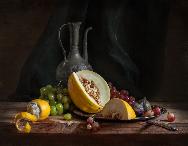 натюрморт, натюрморт с дыней. дыня, still life, stilleven, melon, still life with melon, evgeny kornienko, евгений корниенко Натюрморт с дыней и виноградомphoto preview