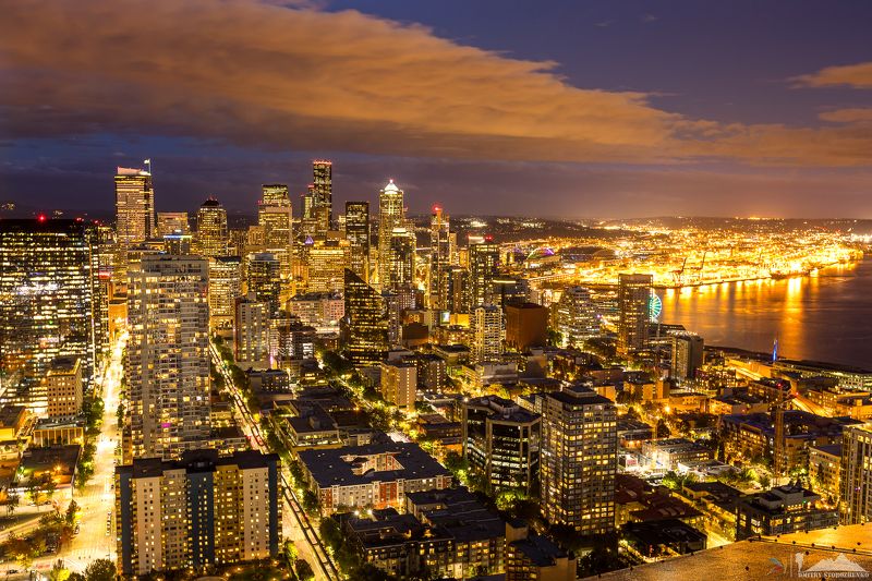 город, сиэтл, штат, вашингтон, красиво Красочный город Сиэтл после закатаphoto preview