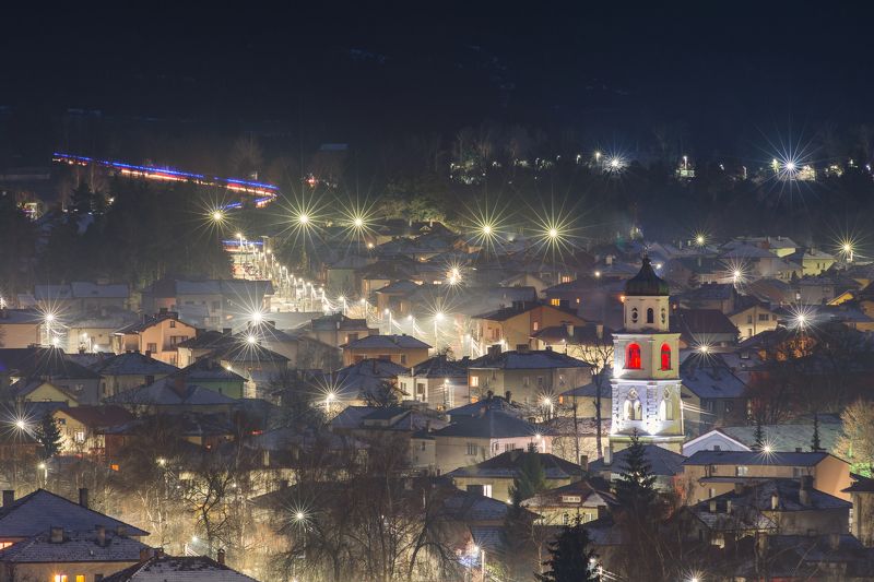 Night, city, landscape, trails, lights, houses, snow, winter  Night in Samokovphoto preview