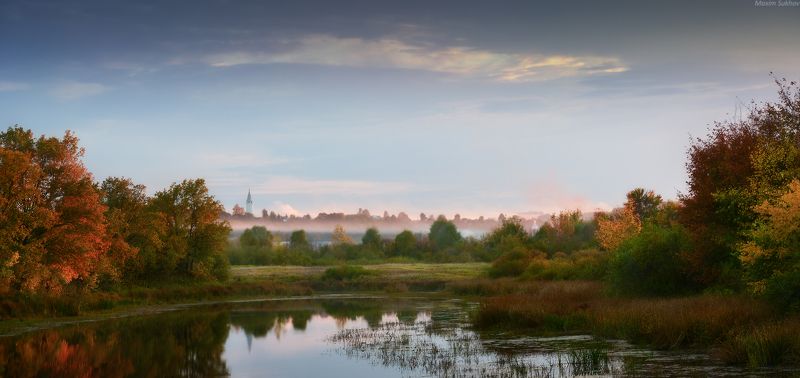 озеро, река, церковь, осень, облака, тучи, небо, вязники, владимир, клязьма, солнце,дубы, заводь, зелень, туман, прохлада, панорама, вечер, сентябрь, Вязниковское заречьеphoto preview