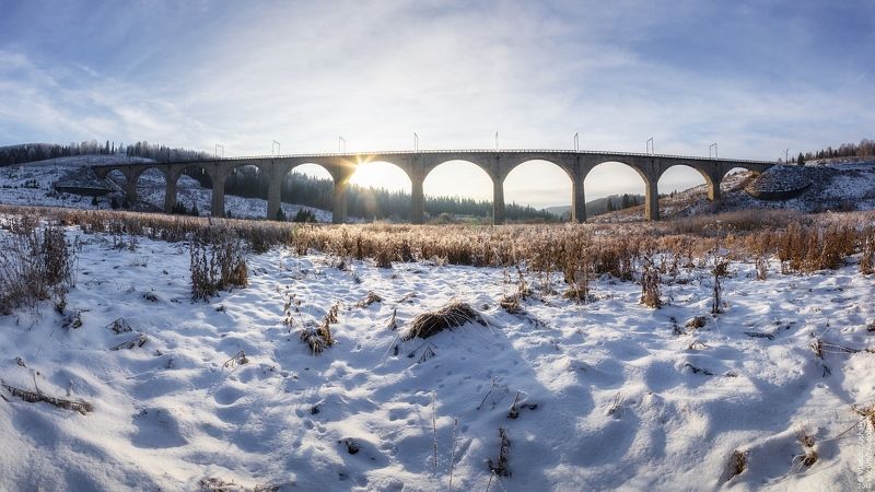 зима, снег, солнце, облака, виадук, железная дорога, поселок, пудлинговый, свердловская область Ж/д виадук фото превью