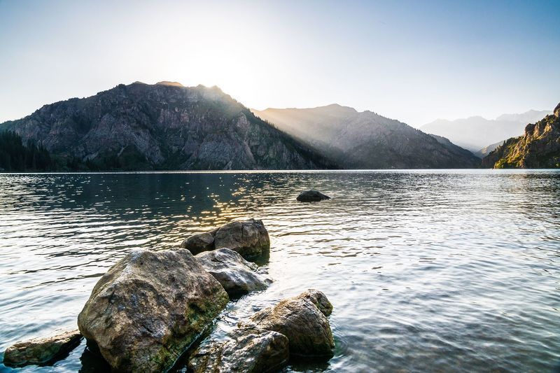 пейзаж, природа, горы, озеро, вечер, закат, небо Высокогорное озероphoto preview