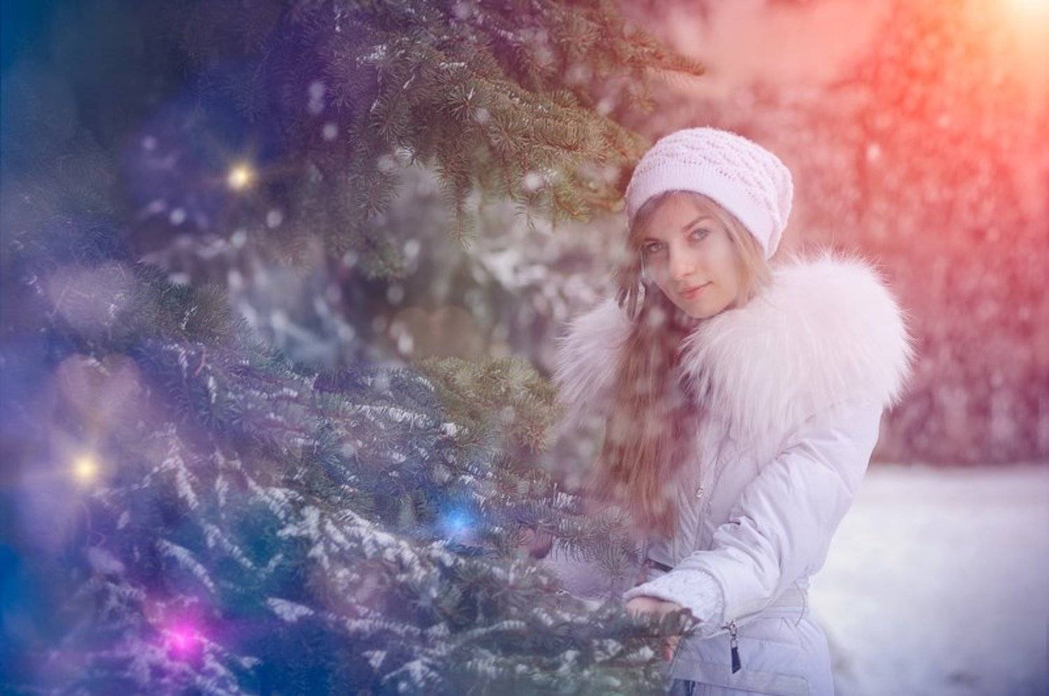 девушка, портрет, зима, снег, ель, Ростислав Росицкий