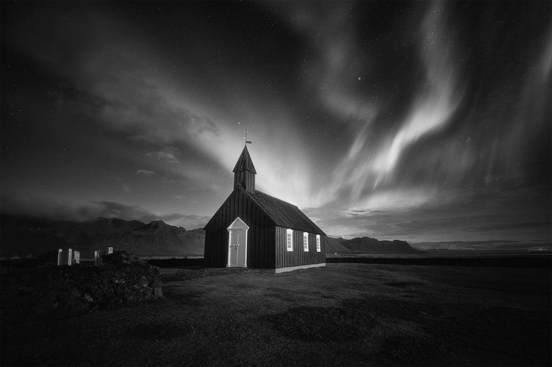 iceland, landscape, black&white, travel, farm, contrast, nature, clouds, storm, пейзаж, church Budir, Icelandphoto preview