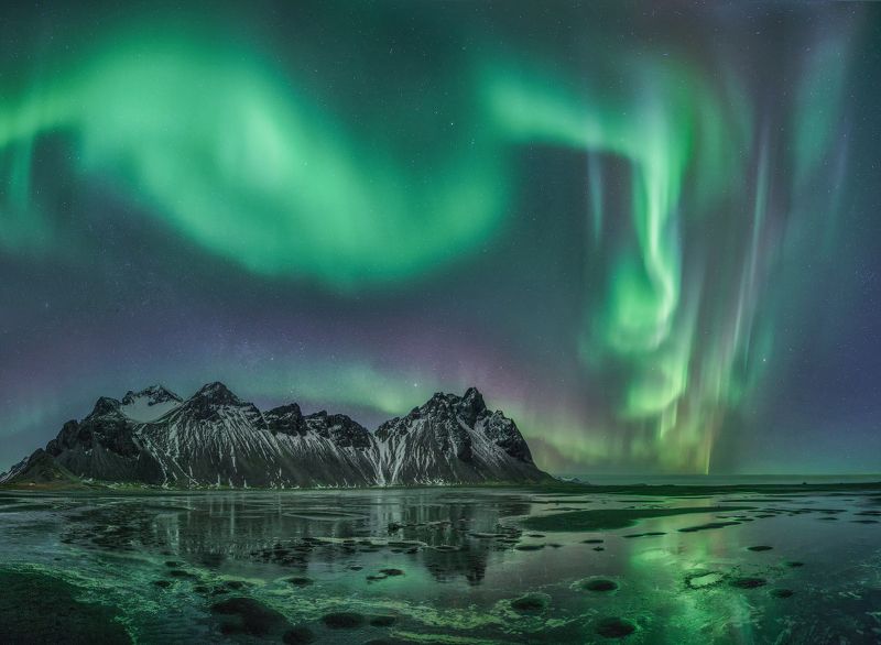 Вестрахорн, Северное сияние, Исландия  Аврора над Вестрахорномphoto preview