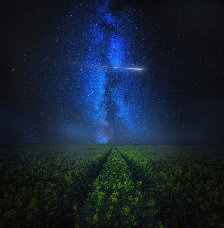 night, Milky Way, rape field, fields, meteor, sky Foggy nightphoto preview