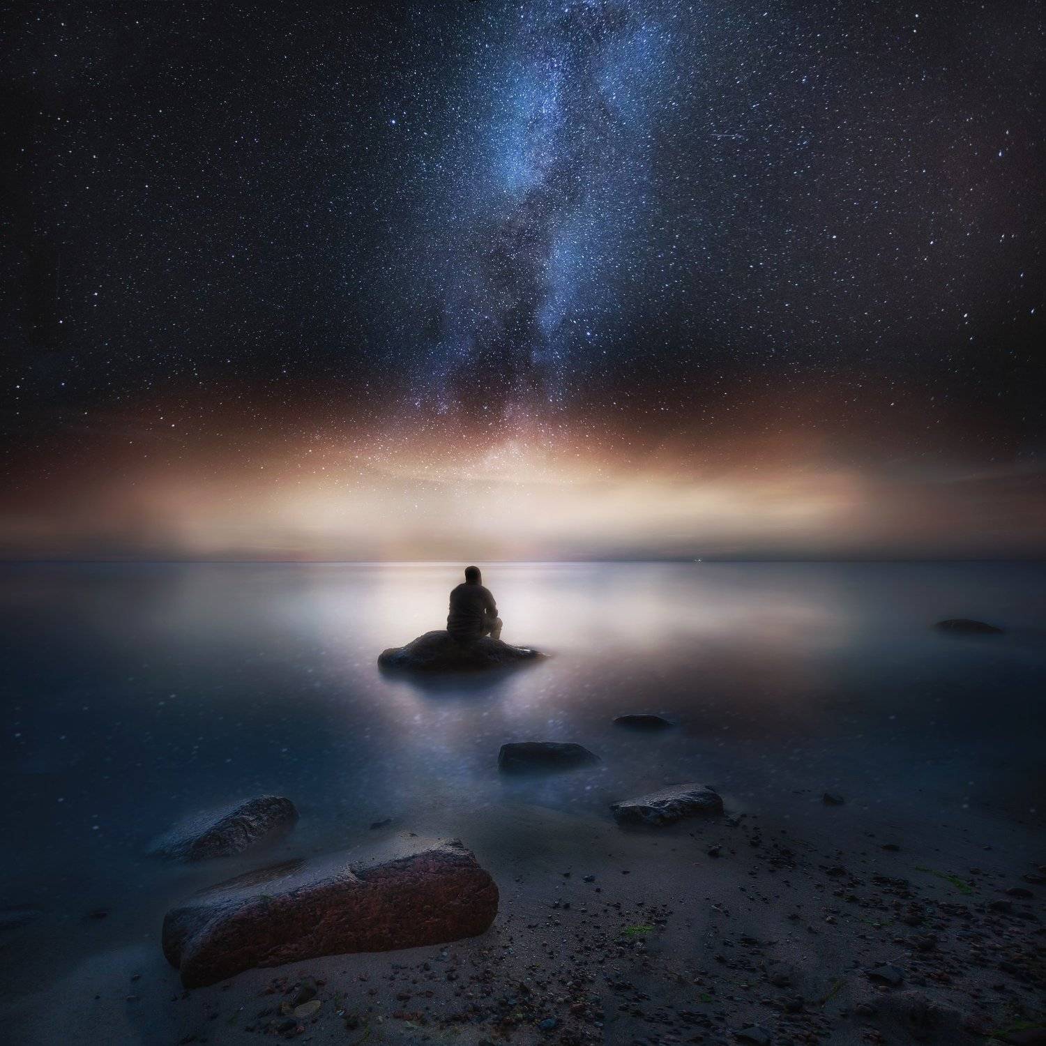 sea, shore, night, photography, milky way, landscape, man, silhouette, Milosz_G