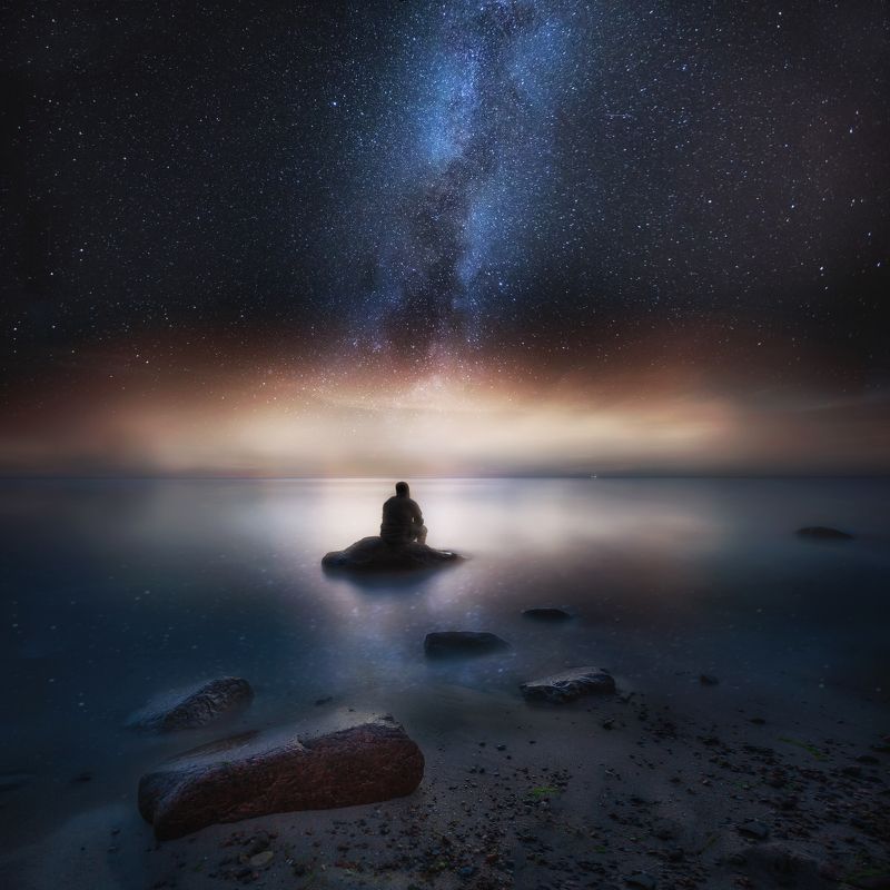 sea, shore, night, photography, milky way, landscape, man, silhouette Container shipphoto preview