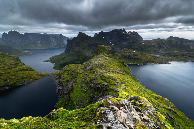 lofoten, summer, norway, cold, fjord, dark, rocks, mountains, lake, green,  Krokvatnetphoto preview