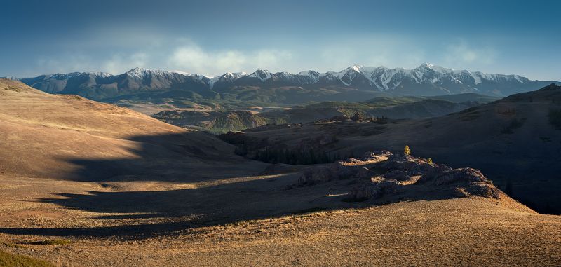 пейзаж, природа, горы, вершины, хребет, степь, долина, вечер, снег, ледники, камни, скалы, высокий, большой, красивая, Алтай, Сибирь, Курай, Чуйский Длинные тени Кураяphoto preview