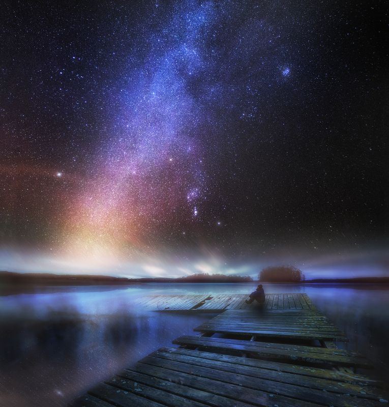 landscape, milky way, lake, poland, olsztyn, man, silhouette, jetty, destroyed, long exposure, starry, stars, orion, Old jetty and windy nightphoto preview