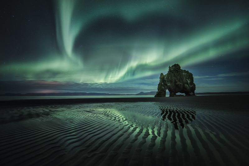iceland, landscape, nightscape, пейзаж, nature, природа, travel, aurora Hvitserkur, Icelandphoto preview