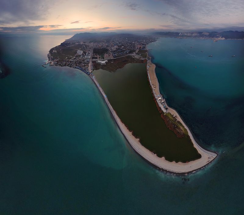 аэрофотосъемка, Новороссийск, Суджукская коса, Малая Земля, город, закат Суджукская косаphoto preview