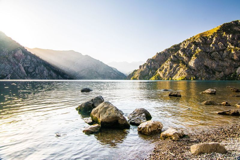 горы, закат, озеро, пейзаж, природа, берег, вечер Сары-Челек, высокогорное озероphoto preview