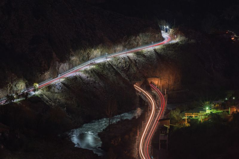 night, light, landscape, mountain, trails, river, travel  Crossroadphoto preview