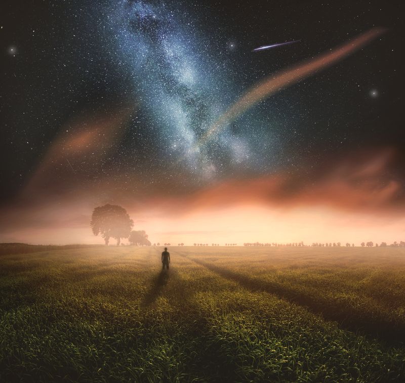 fineart, landscape, poland , milky way, morning, man, silhouette, colorful , magical Before daybreakphoto preview