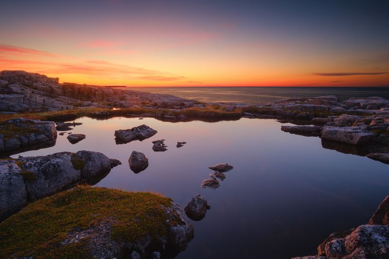 россия, заполярье, мурманская область, кольский полуостров, териберка, баренцево море, закат, сумерки, морской берег, скалыской берег, скалы Русский Север фото превью