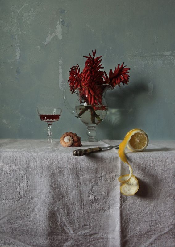 lemon, flowers, glass, knife, shell, wine, texture Wine, Shell and Lemonphoto preview