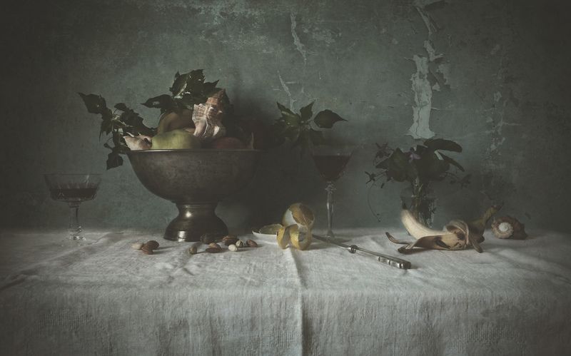 wine, lemon, glass, vase, shell, texture, table, still life ***photo preview