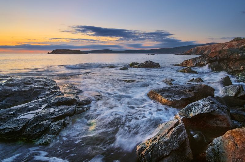 Bulgaria, fall, island, morning, seascape, sunrise, water, waves, Болгария, волны, камни, море, прибой, рассвет, скалы, Утро, Черное море, black sea, rocks, Arkutino, Аркутино, Saint Thomas, wide angle Болгария. Утро на Черном мореphoto preview
