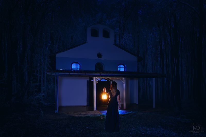 girl, beauty,dark, night, light, chapel Alone in the darknessphoto preview
