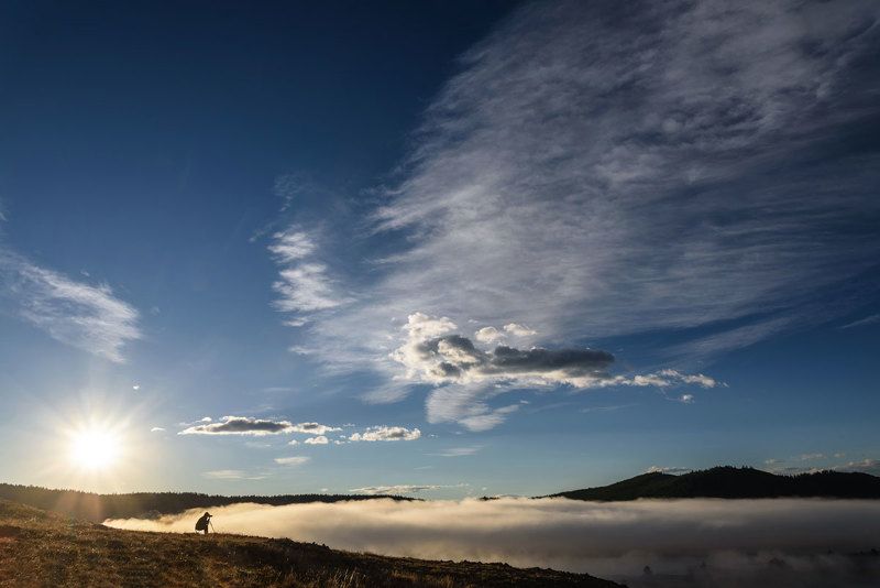 горы, туман, озеро, рассвет, восход, алтай, ештыкель, джангысколь, mountains, fog, lake, dawn, sunrise, altai Туман над озеромphoto preview