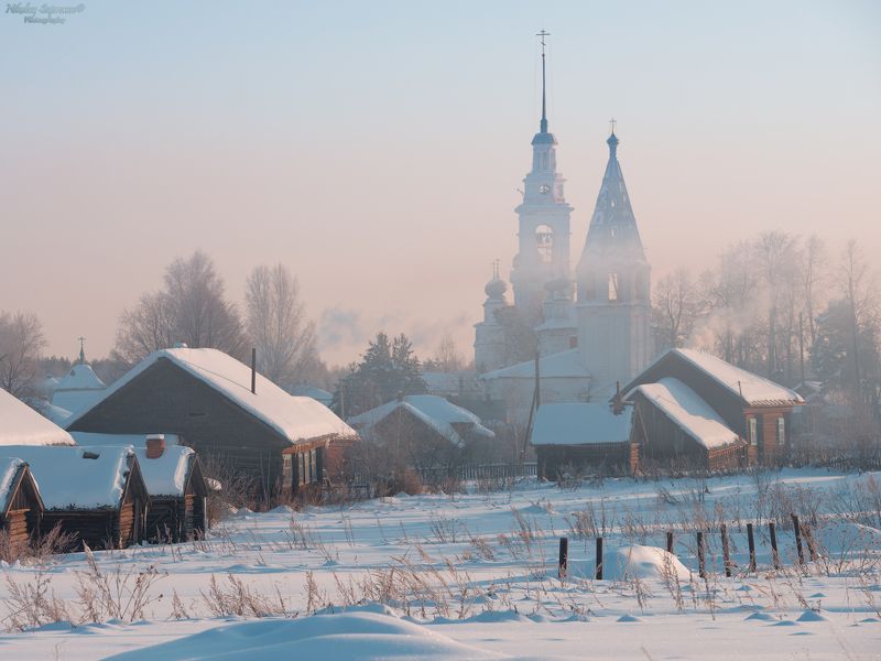 ивановская область, монастырь, храмы, село, русский пейзаж, пейзаж, мороз, морозное утро, провинция, домики, избы, дым, дымка \