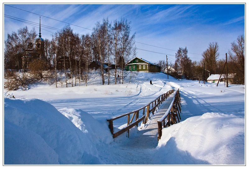 зима, пейзаж, снег, деревья, церковь, мост, город зима в уездном городеphoto preview