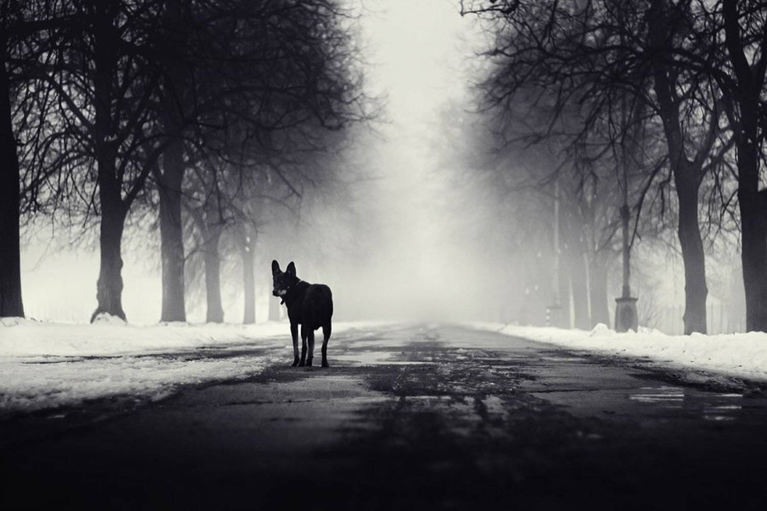 Follow me II. Автор: Dmitry Alekseyev dog, fog, dmitry,alekseyev, bw, toned, road, park, Dmitry Alekseyev