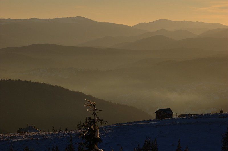 горы, утро, зима, мороз Карпатские холмыphoto preview
