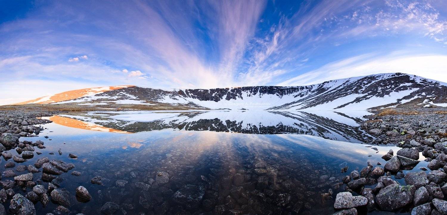 космос, заполярье, кольский, полуостров, озеро, академическое, кукисвумчорр, касканюнйок, панорама, цирк, полночь, полярный, день, облака, вода, отражение, спокойствие, тишина, Григорий Пожванов