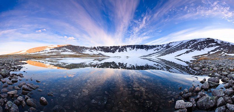 космос, заполярье, кольский, полуостров, озеро, академическое, кукисвумчорр, касканюнйок, панорама, цирк, полночь, полярный, день, облака, вода, отражение, спокойствие, тишина Космос Заполярья (ночью Полярного дня), панорамаphoto preview