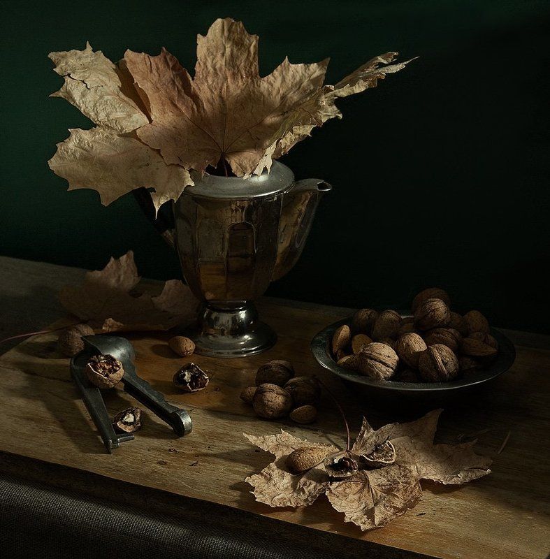 Грецкие орехи и желтые листьяphoto preview