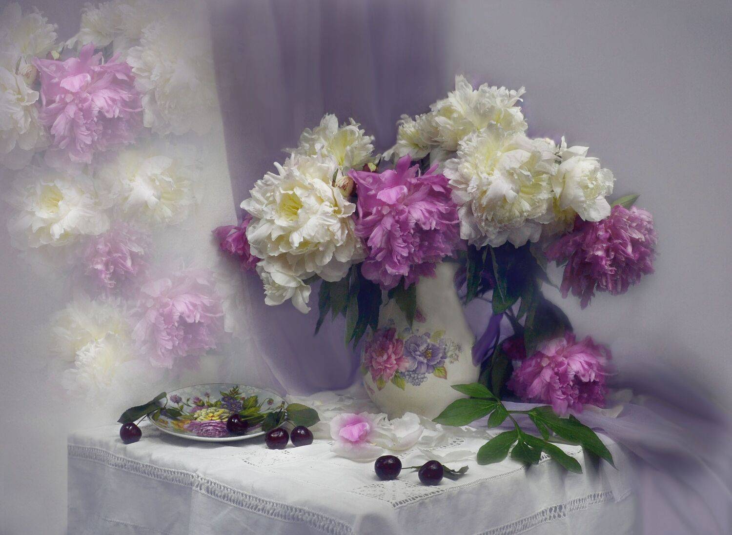 still life, натюрморт, вишня, фарфор, июль, лето, пионы, стихи, фото натюрморт, цветы, Колова Валентина