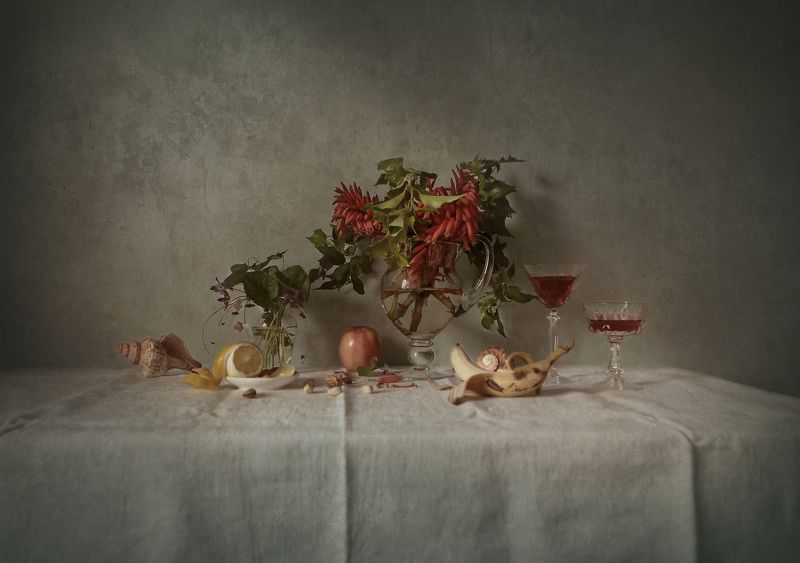 wine, flowers, lemon, glass, shells ***photo preview