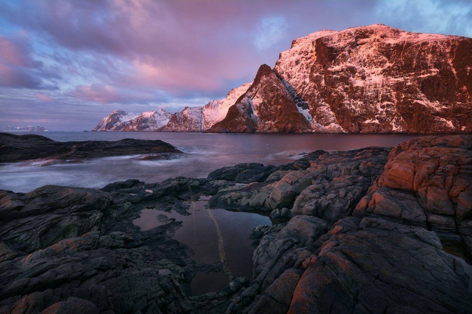 норвегия, пейзаж, лофотены, рассвет, океан, горы, Жмак Евгений