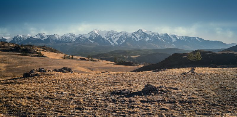 пейзаж, природа, горы, вершины, хребет, степь, долина, вечер, снег, ледники, камни, скалы, высокий, большой, красивая, Алтай, Сибирь, Курай, Чуйский Северо-Чуйский в вечернем светеphoto preview
