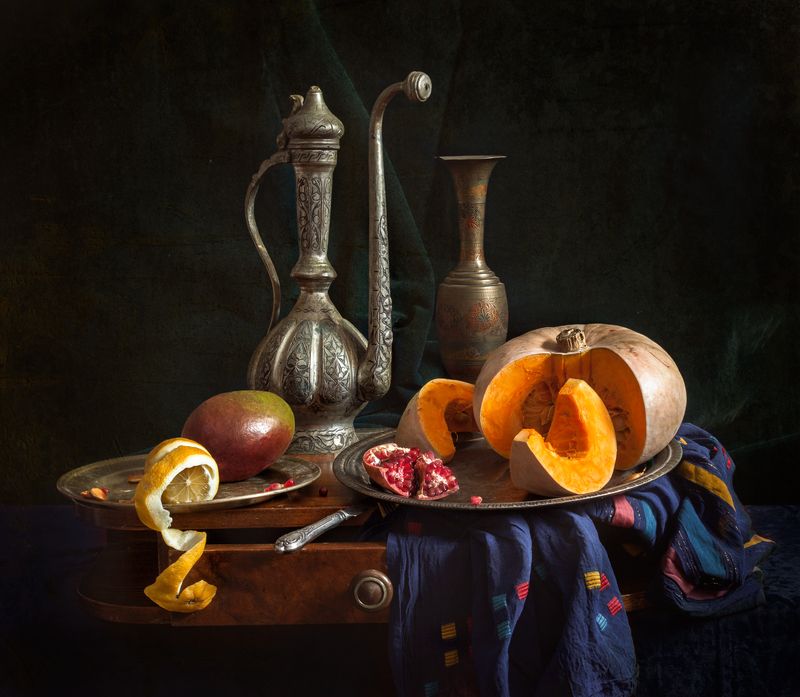 натюрморт, still life, тыква,pumpkin, still life with pumpkin, натюрморт с тыквой, кувшин, восточный кувшин Натюрморт восточный с тыквойphoto preview