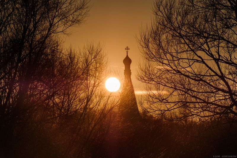москва,медведково,храм,церковь,солнце,закат,март,купол,крест,пейзаж,архитектура,диск,ветки,деревья Мартовское солнцеphoto preview