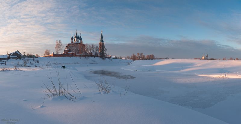 дунилово, теза, ивановская область, золотое кольцо, зима, зимний пейзаж, панорама, благовещенский собор, благовещенский монастырь, село, россия \