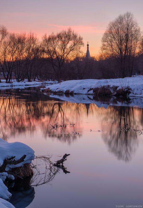 москва,медведково,храм,церковь,закат,март,купол,крест,пейзаж,архитектура,река,яуза,парк,ветки,деревья,длинная выдержка Март на Яузеphoto preview