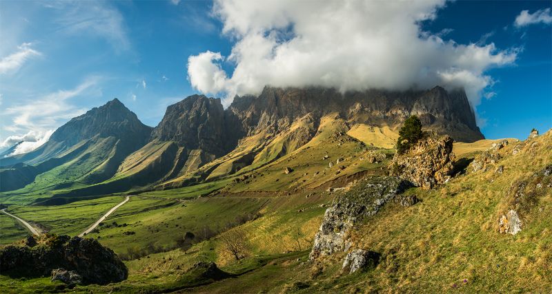 природа, пейзаж, кавказ, горы, весна, вечер, панорама, закат, солнце, небо, облака, свет *photo preview