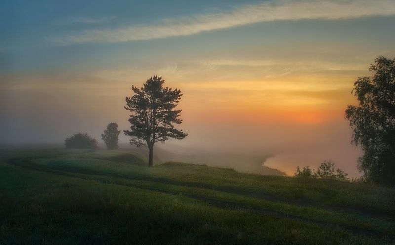 летнее утро,красочный восход солнца,туман,берег озера, Феерияphoto preview